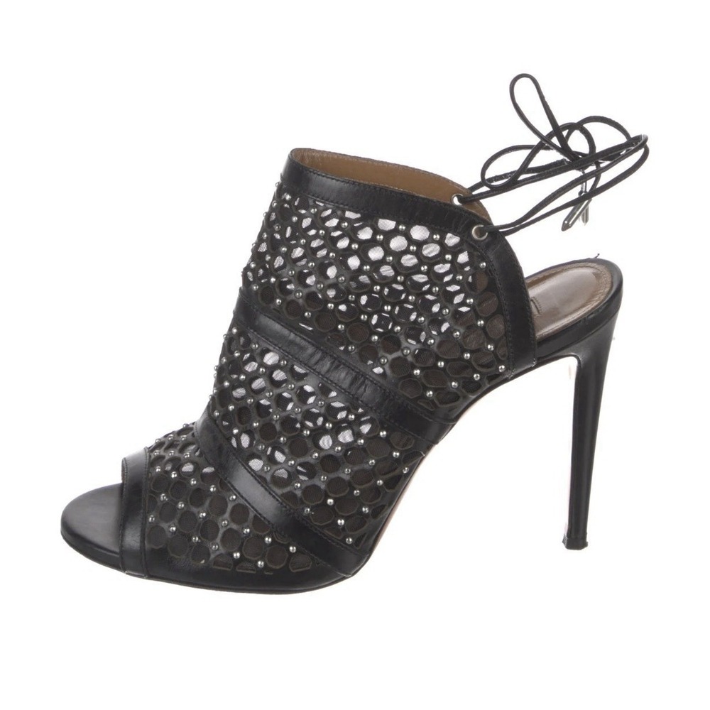 Aquazzura Blondie 105 Heels Womens 7.5 Black Leather Grommet Studded Stiletto